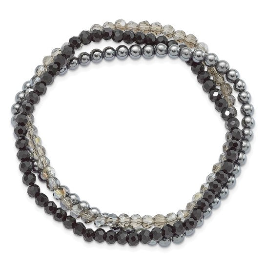 Sterling Silver Black and Smoky Crystal, Hematite 3pce Stretch Bracelet