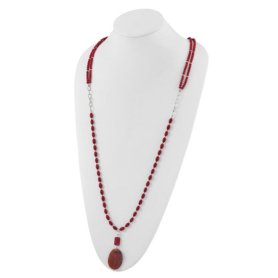 Sterling Silver Coral, Red Jade and Rhodonite Adjustable 17in or 40in Necklace