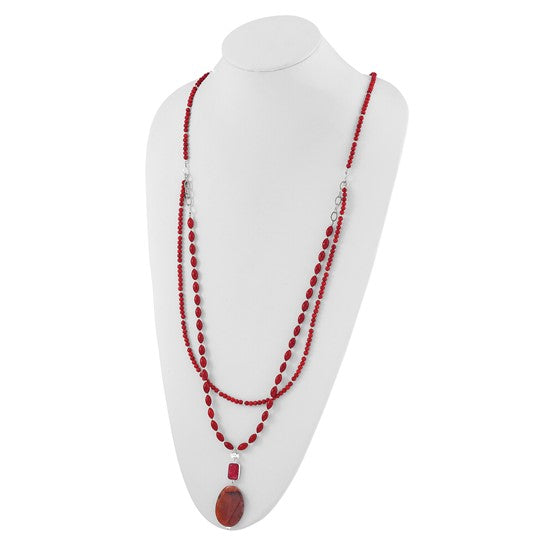 Sterling Silver Coral, Red Jade and Rhodonite Adjustable 17in or 40in Necklace