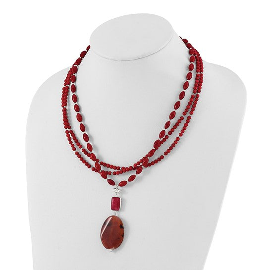 Sterling Silver Coral, Red Jade and Rhodonite Adjustable 17in or 40in Necklace