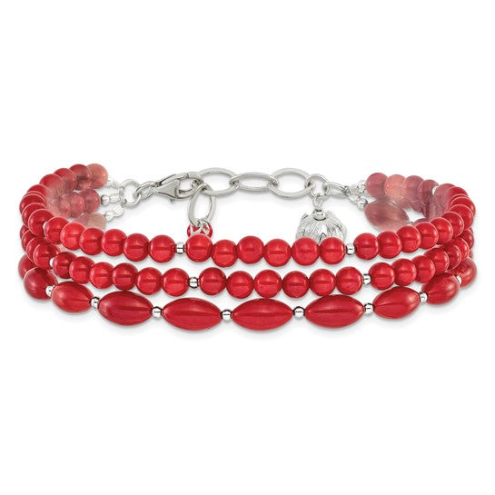 FYD - Sterling Silver Coral Beaded 3-Strand 7.75in with 1in ext Bracelet