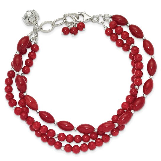 FYD - Sterling Silver Coral Beaded 3-Strand 7.75in with 1in ext Bracelet