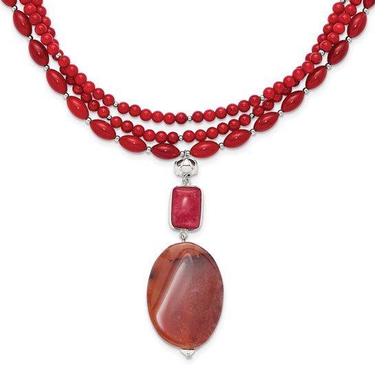 Sterling Silver Coral, Red Jade and Rhodonite Adjustable 17in or 40in Necklace