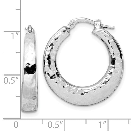 Sterling Silver Rhod-plated Polished Textured Hoop Earrings