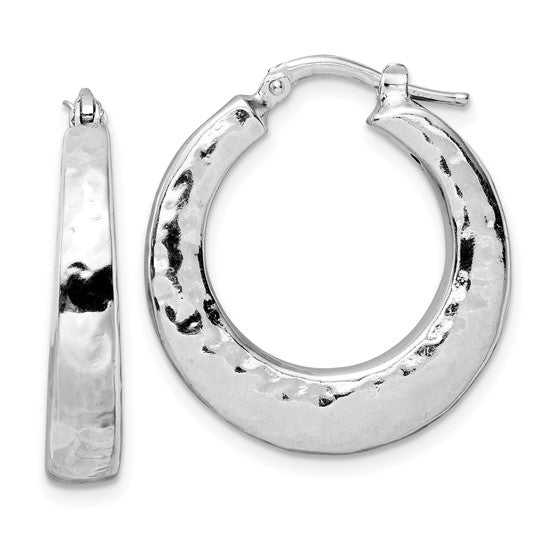 Sterling Silver Rhod-plated Polished Textured Hoop Earrings