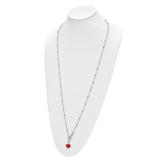 Sterling Silver Rhod-plated Enameled Red Heart Necklace 35 in