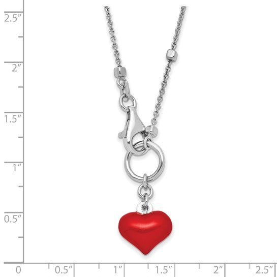 Sterling Silver Rhod-plated Enameled Red Heart Necklace 35 in