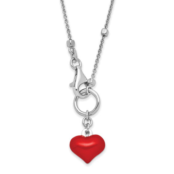 Sterling Silver Rhod-plated Enameled Red Heart Necklace 35 in