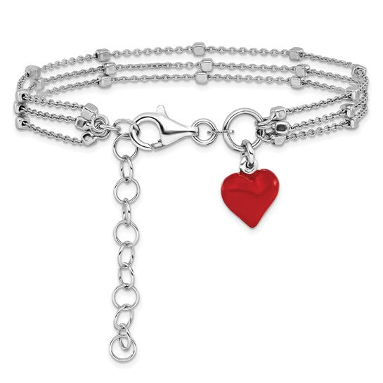 Silver Rhod-plated Enameled Red Heart with 7.75in 2in ext Bracelet