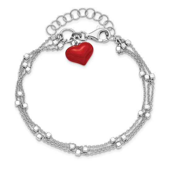 Silver Rhod-plated Enameled Red Heart with 7.75in 2in ext Bracelet