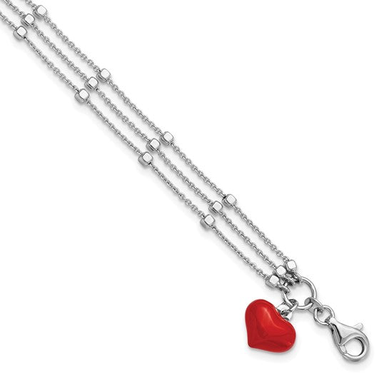 Silver Rhod-plated Enameled Red Heart with 7.75in 2in ext Bracelet