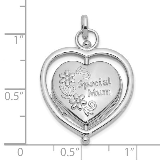 Sterling Silver Rhodium-plated Floral Special Mom Reversible/Moveable Heart Locket (Pendant only)