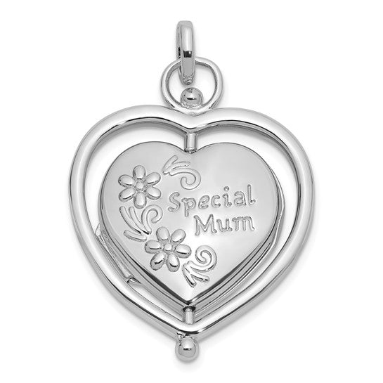 Sterling Silver Rhodium-plated Floral Special Mom Reversible/Moveable Heart Locket (Pendant only)