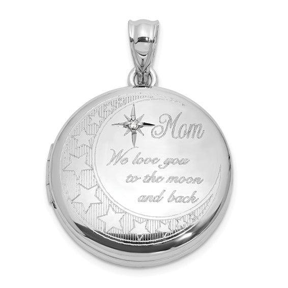 Sterling Silver Rh-plated Diamond 20mm Mom Moon/Stars Round Locket (Pendant only)