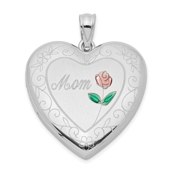 Sterling Silver Rhodium-plated 24mm Enameled D/C Mom Heart Locket (Pendant only)