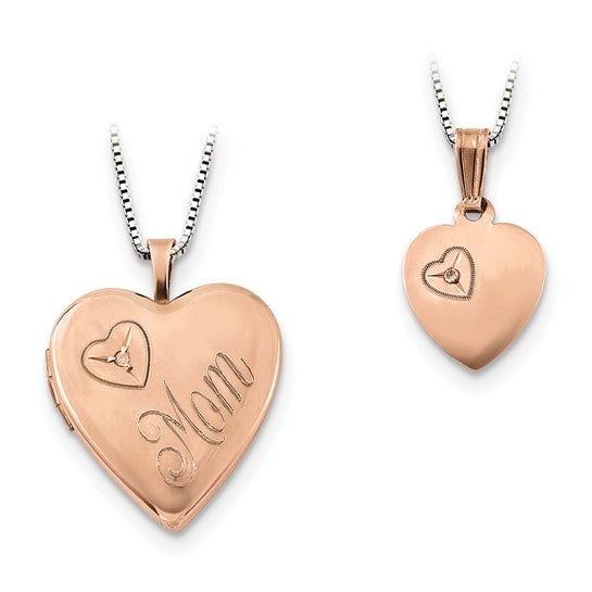 FYD - Sterling Silver Rose Gold-plated Diamond Polished Heart Locket and Pendant Set