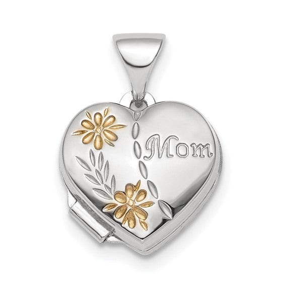 Sterling Silver Rhodium-plated and Gold-tone Floral Mom Heart Locket (Pendant only)