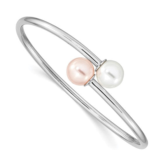 Majestik Sterling Silver Rhodium-plated 10-11mm White Pink Imitation Shell Pearl Bangle