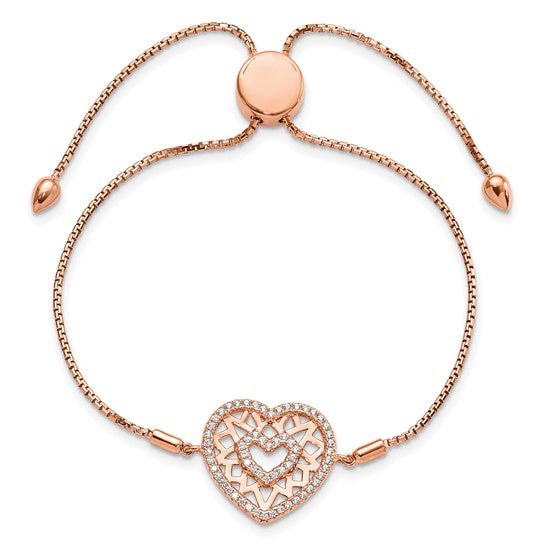 Brilliant Embers Sterling Silver Rose-tone Flash Rose Gold-plated 60 Stone Filigree CZ Heart Adjustable Bracelet