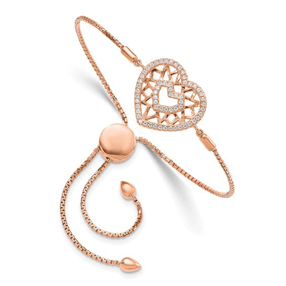 Brilliant Embers Sterling Silver Rose-tone Flash Rose Gold-plated 60 Stone Filigree CZ Heart Adjustable Bracelet