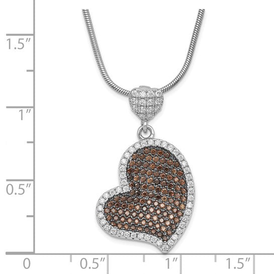 Sterling Silver Brown and Clear CZ True Fire Heart with 2in ext Necklace  20 in