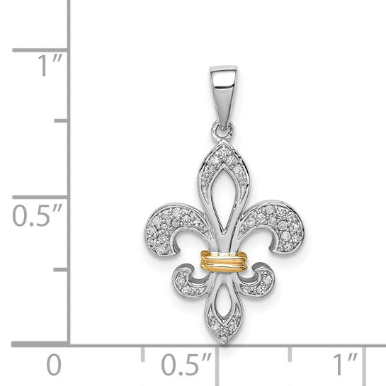 Sterling Silver Rhod-Plated with 14K Diamond Fleur De Lis Pendant 18-20in chain w/ magnetic clasp