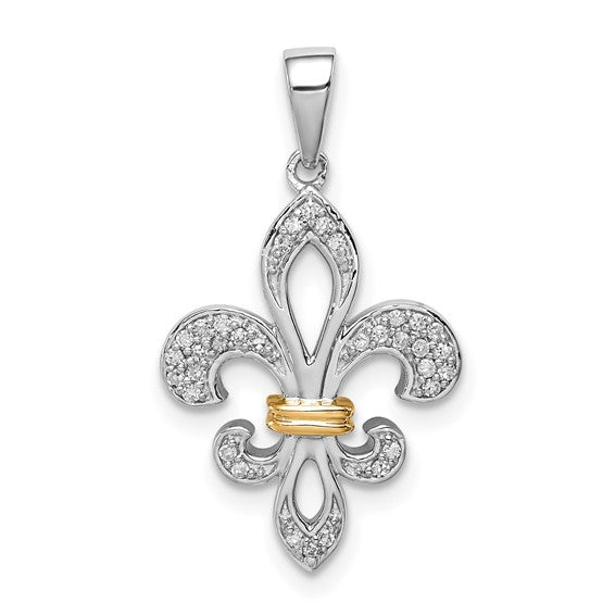 Sterling Silver Rhod-Plated with 14K Diamond Fleur De Lis Pendant 18-20in chain w/ magnetic clasp