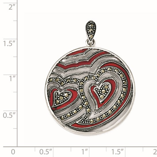 Sterling Silver Marcasite and Red Epoxy Heart Pendant 18-20 Inch Chain with Magnetic Clasp