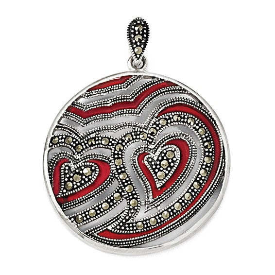 Sterling Silver Marcasite and Red Epoxy Heart Pendant 18-20 Inch Chain with Magnetic Clasp