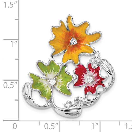 Sterling Silver Polished Red, Green and Yellow Enamel CZ Flower Slide 18-20in chain with Magnetic clasp