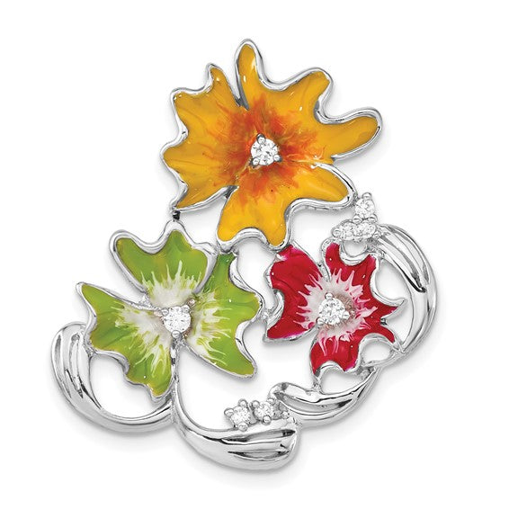 Sterling Silver Polished Red, Green and Yellow Enamel CZ Flower Slide 18-20in chain with Magnetic clasp