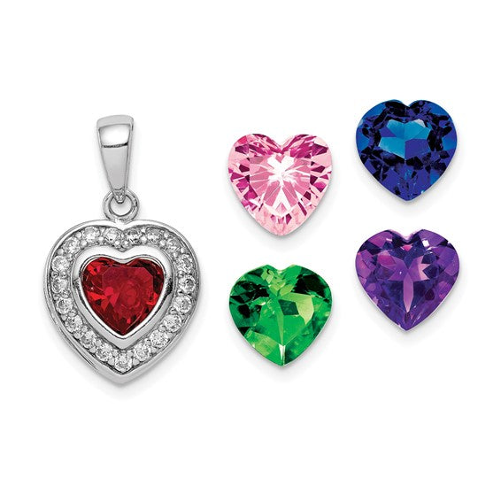 Sterling Silver Rhodium Plated Interchangeable CZ Heart Pendant 18-20in chain w/ magnetic clasp