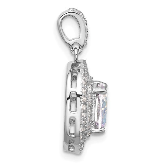 Sterling Silver Rh-plated Clear and Iridescent AB CZ Square Halo Pendant (Pendant Only)