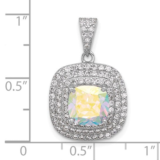 Sterling Silver Rh-plated Clear and Iridescent AB CZ Square Halo Pendant (Pendant Only)