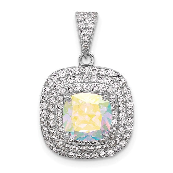 Sterling Silver Rh-plated Clear and Iridescent AB CZ Square Halo Pendant (Pendant Only)