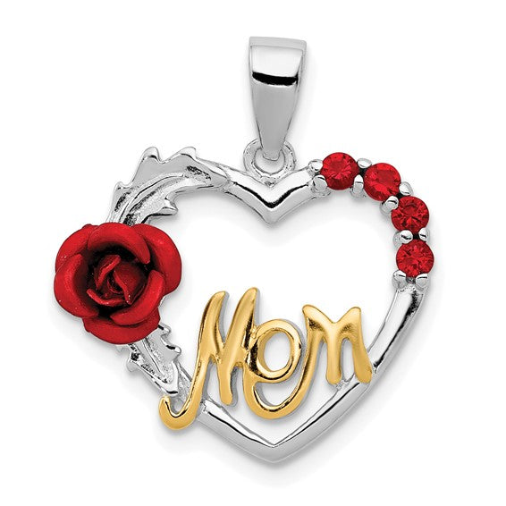 Sterling Silver Vermeil Red Flower and CZ Mom Pendant (Pendant only)