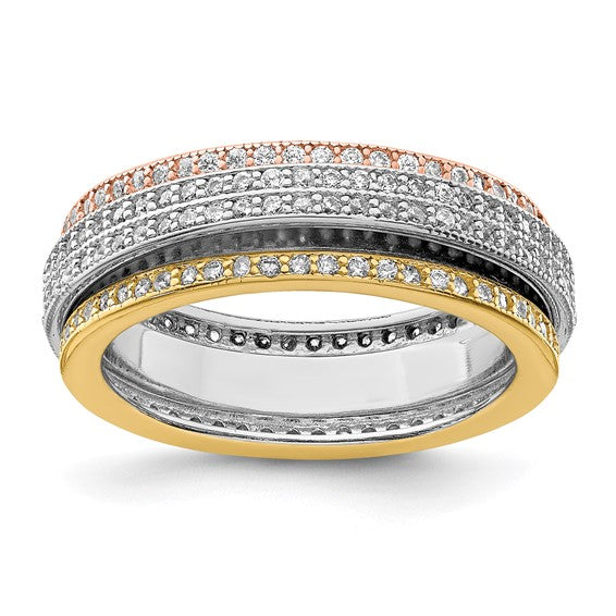 Sterling Silver Rhodium Polished Tri-color Pavé Eternity Motion Ring