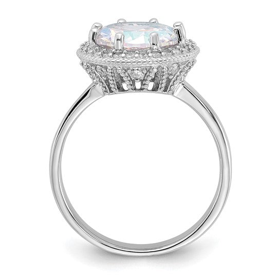 Sterling Silver Rhodium-plated Clear and AB CZ Halo Ring