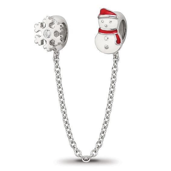 Reflections Sterling Silver Rhodium-plated 3in Security Chain Snowman and flake CZ Bead