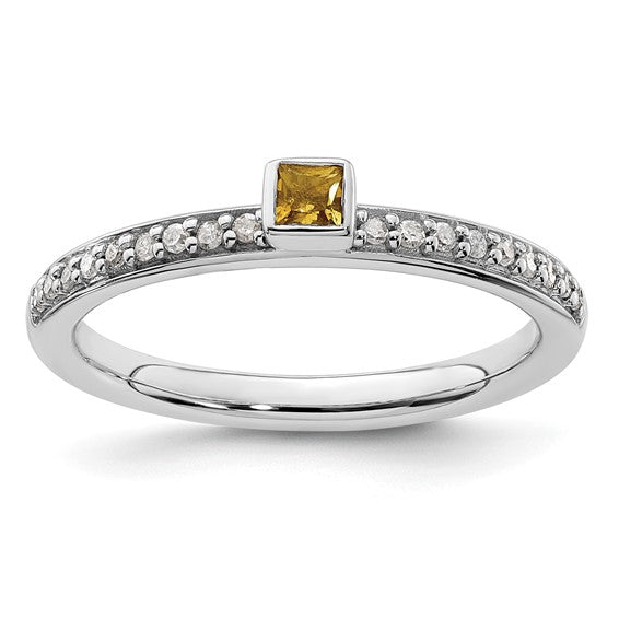 DS - Sterling Silver Stackable Expressions Genuine Citrine and Diamond Ring