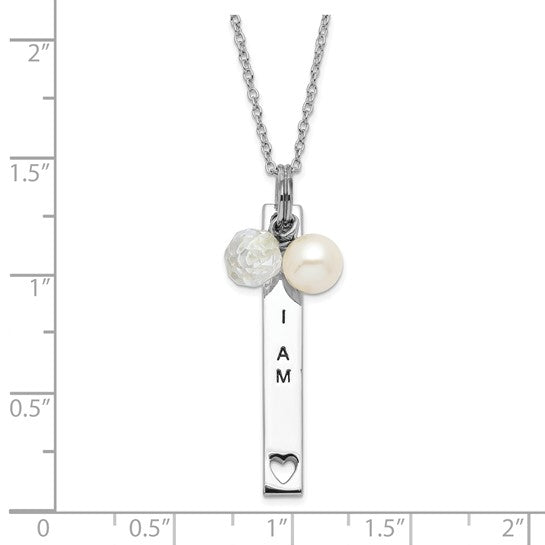 Sterling Silver Polished and Antiqued Freshwater Cultured Pearl and CZ I Am A Keeper Necklace