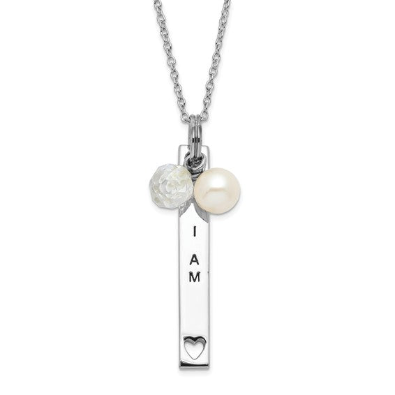 Sterling Silver Polished and Antiqued Freshwater Cultured Pearl and CZ I Am A Keeper Necklace