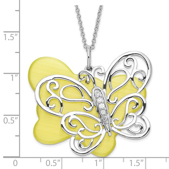 Sterling Silver CZ and Simulated Cat's Eye Believe You Can Butterfly Necklace 18-20 inch Chain with Magnetic Clasp