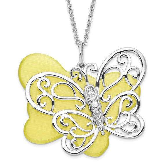 Sterling Silver CZ and Simulated Cat's Eye Believe You Can Butterfly Necklace 18-20 inch Chain with Magnetic Clasp