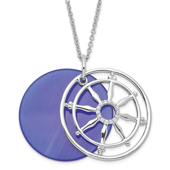 Sterling Silver CZ and Sim. Cat's Eye Stay On Target Ships Wheel Necklace 18-20 inch Chain with Magnetic Clasp