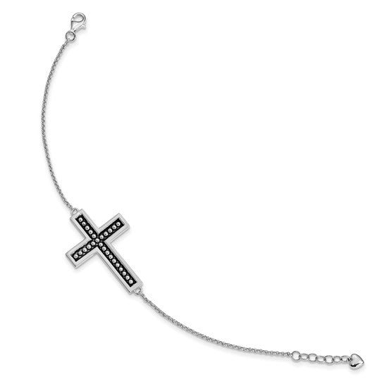 Sterling Silver Antiqued Carry Your Cross 7in. Bracelet with 1/2 in. ext