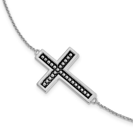 Sterling Silver Antiqued Carry Your Cross 7in. Bracelet with 1/2 in. ext