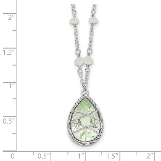 Sterling Silver Rhodium Green Quartz and Rnbow Moonstone 18in Necklace w/ Magnetic Clasp