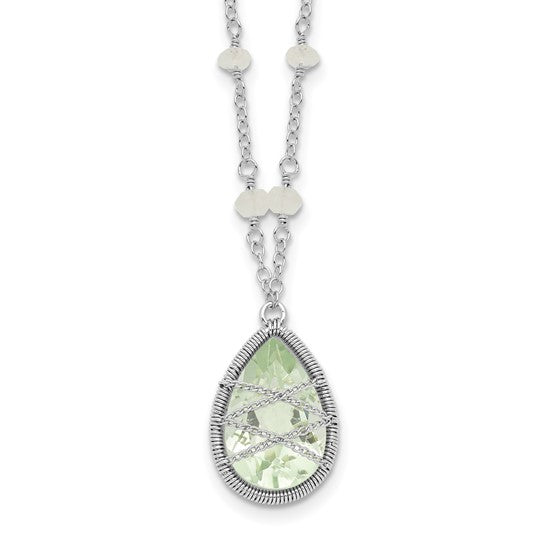 Sterling Silver Rhodium Green Quartz and Rnbow Moonstone 18in Necklace w/ Magnetic Clasp