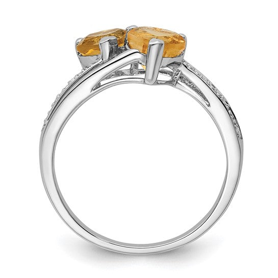 Sterling Silver Polished Citrine and Diamond Double Heart Ring Size 7 Only